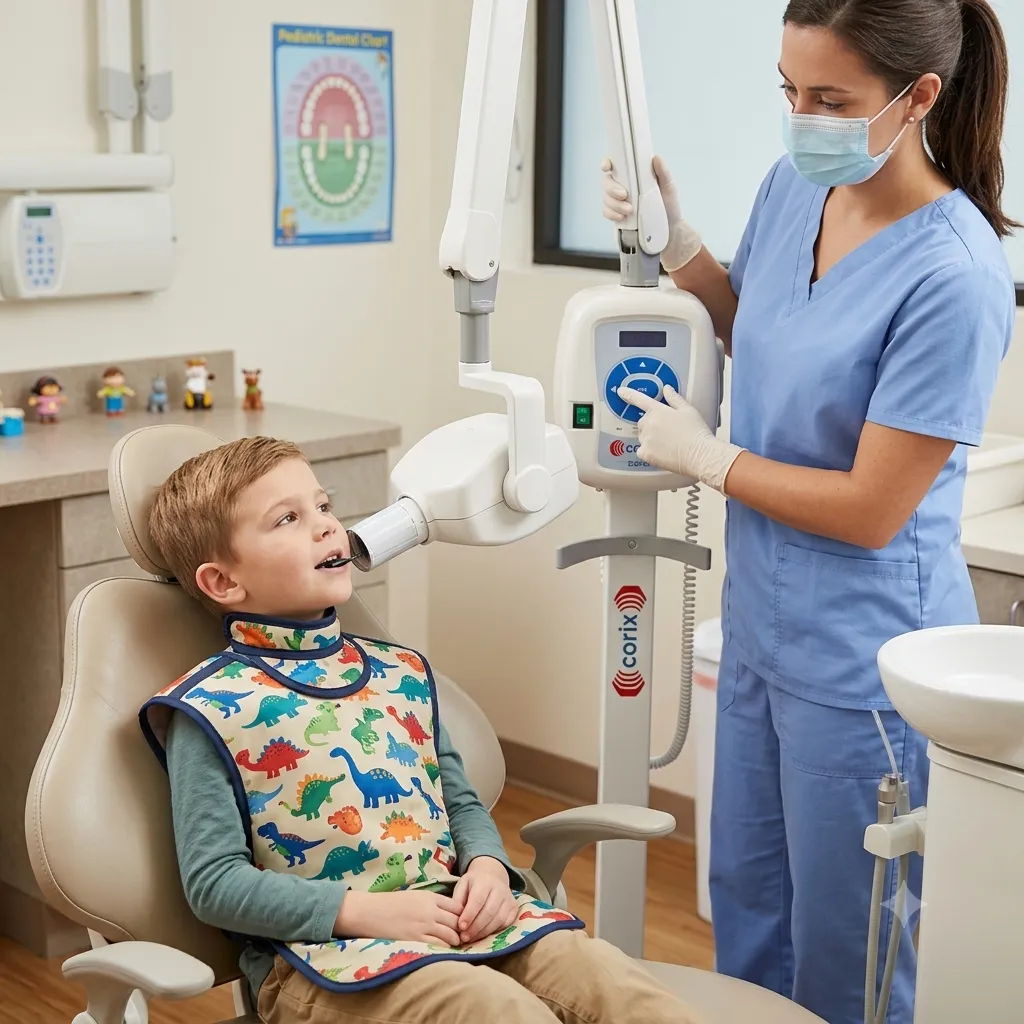 Paciente infantil recibe radiología dental en niños mientras el odontólogo obtiene imágenes claras para planificar tratamientos adecuados y seguros.